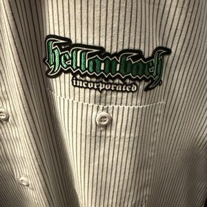 Hellambach Incorporated Striped Button Down Shirt Size XL – Graphic Back Logo